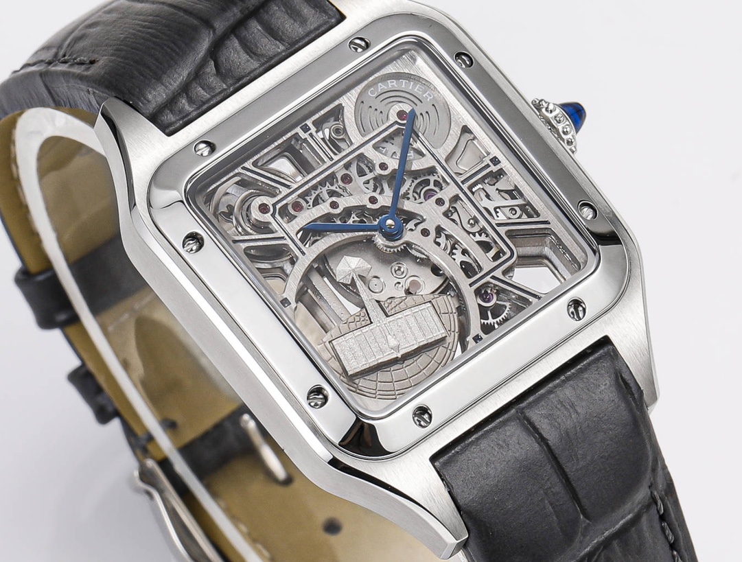 Cartier Santos Skeleton Stainless Steel & Sapphire, Transparent Dial, 100M Water Resistant, Iconic Aviation-Inspired Luxury Watch for Men