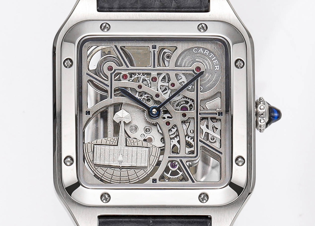 Cartier Santos Skeleton Stainless Steel & Sapphire, Transparent Dial, 100M Water Resistant, Iconic Aviation-Inspired Luxury Watch for Men