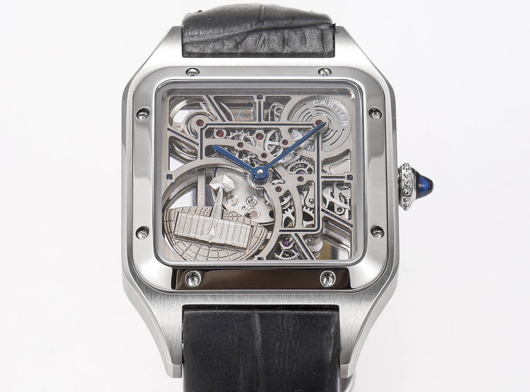 Cartier Santos Skeleton Stainless Steel & Sapphire, Transparent Dial, 100M Water Resistant, Iconic Aviation-Inspired Luxury Watch for Men