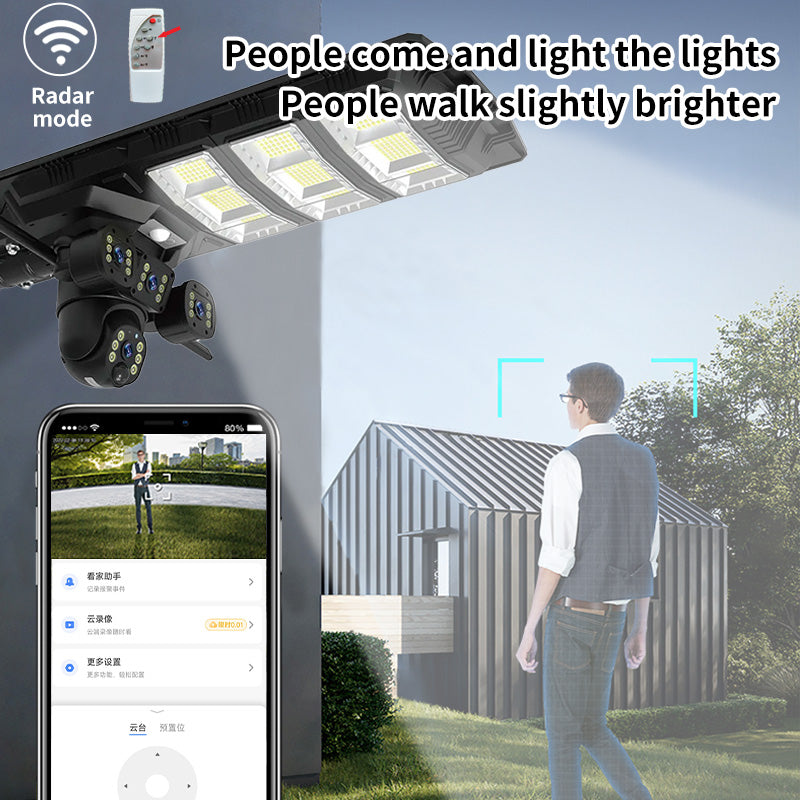 3-lens solar street light camera wireless 4G 9MP 4K PIR alarm color night vision
