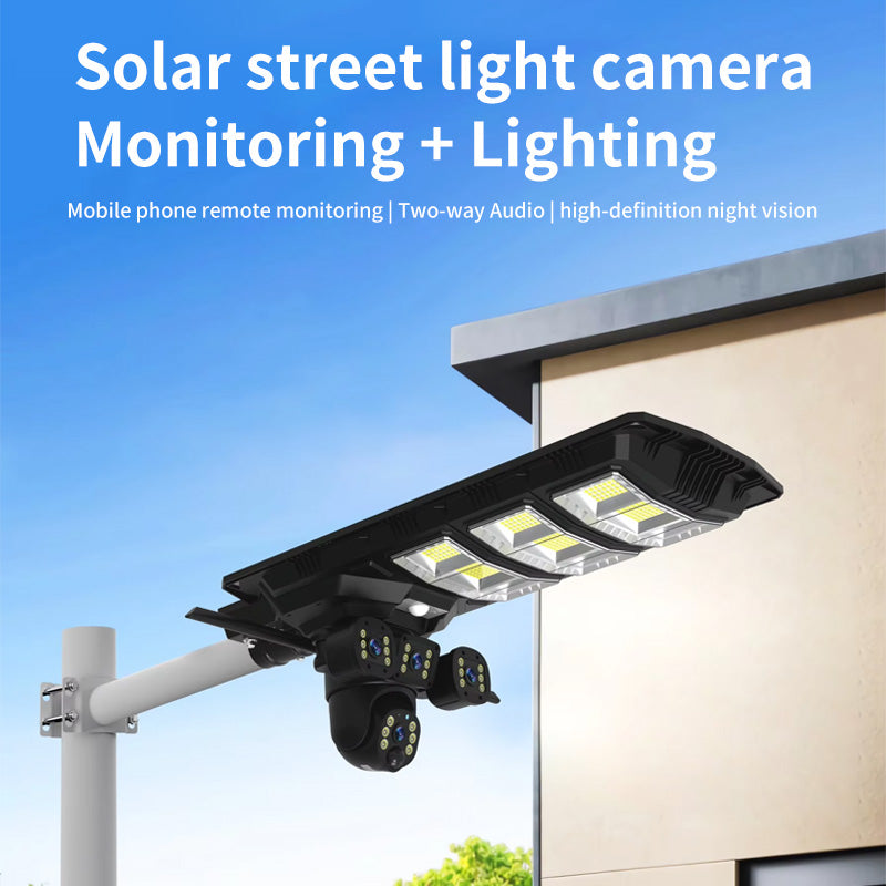 3-lens solar street light camera wireless 4G 9MP 4K PIR alarm color night vision