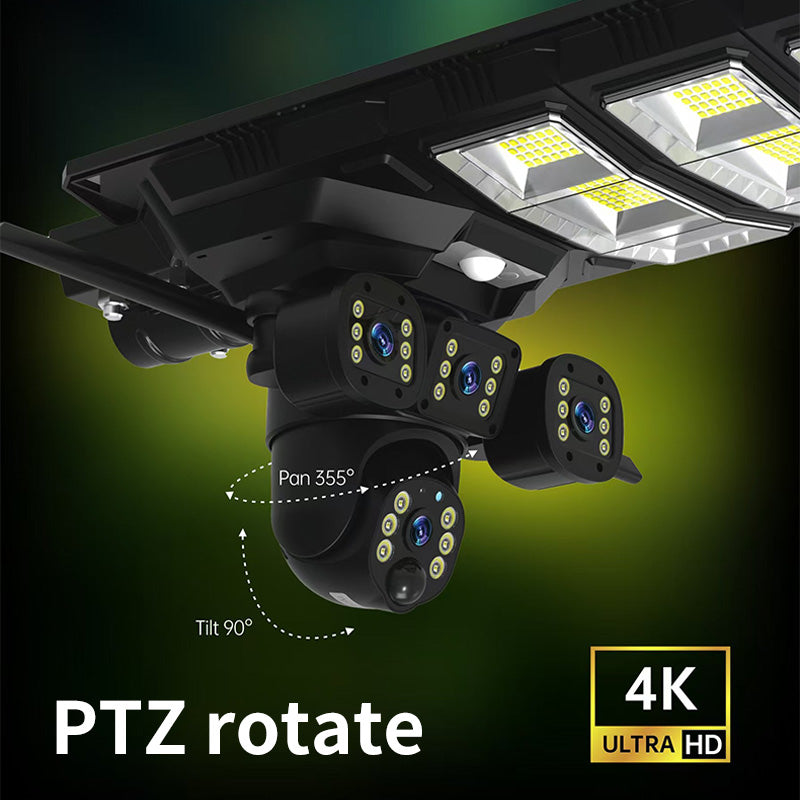 3-lens solar street light camera wireless 4G 9MP 4K PIR alarm color night vision