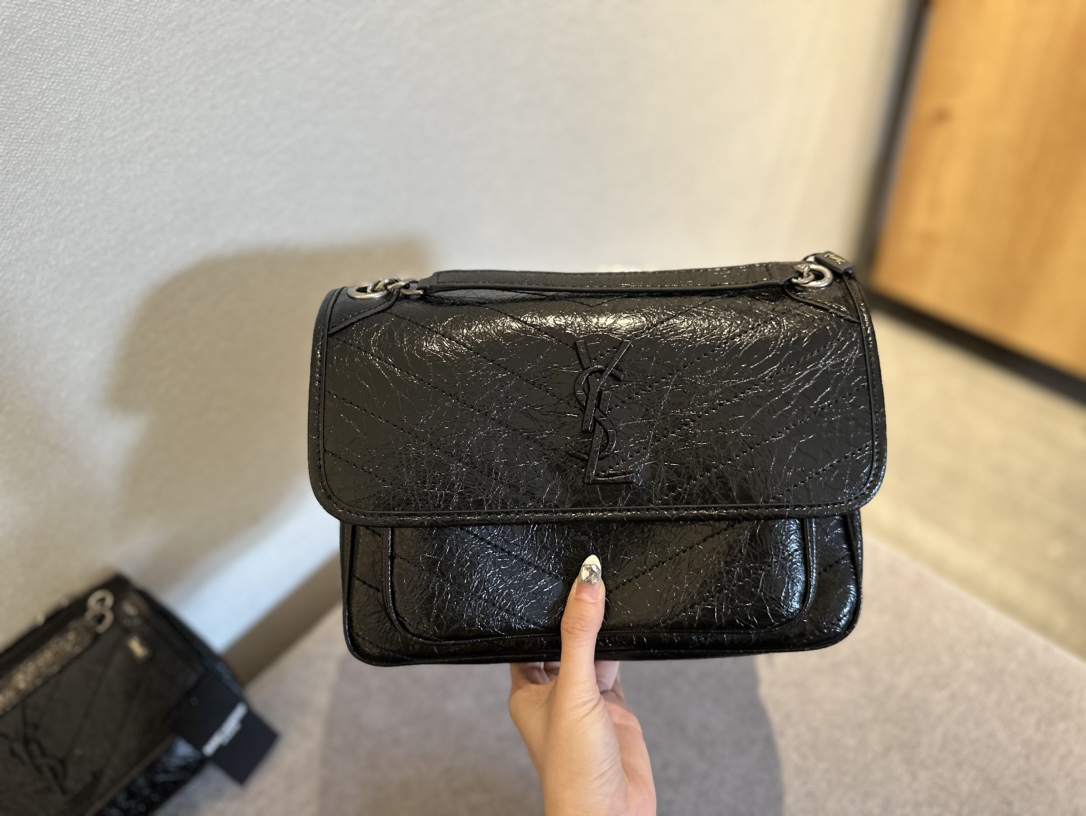YSL waxed cowhide leather chain bag black