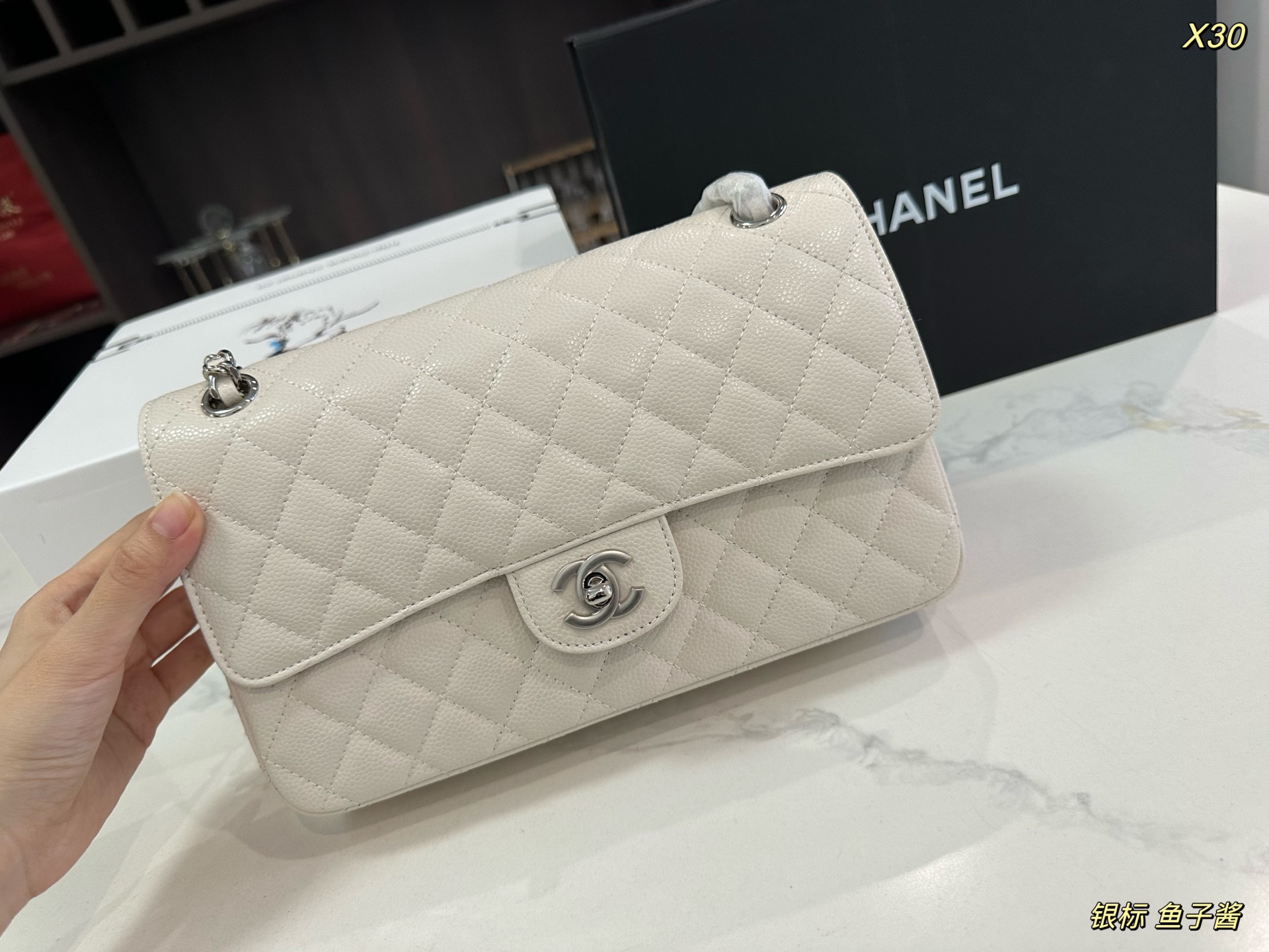 Chanel Classic Flap sliver white 25