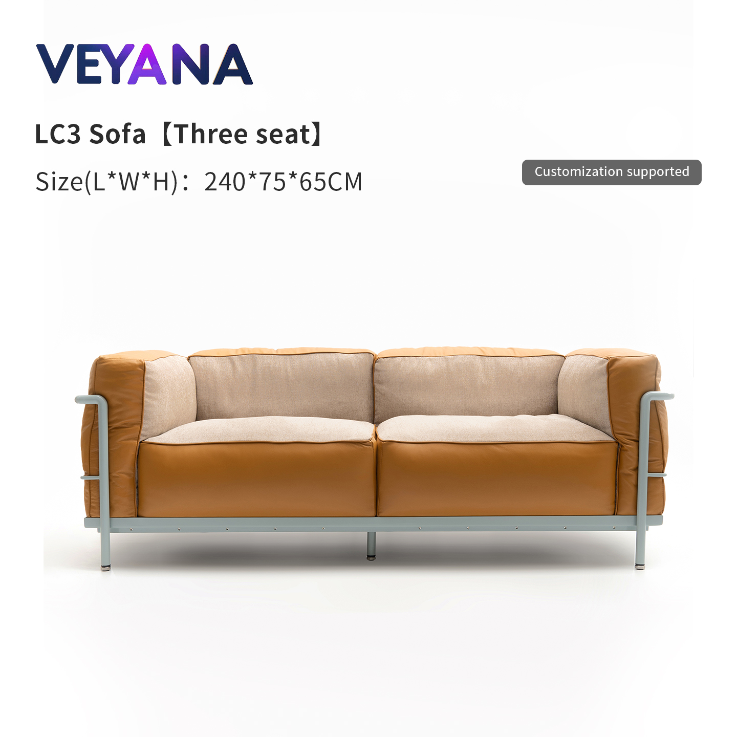 Italian minimalist LC3 leather sofa, stainless steel frame, Bauhaus retro style high-end office living room three seater couch.