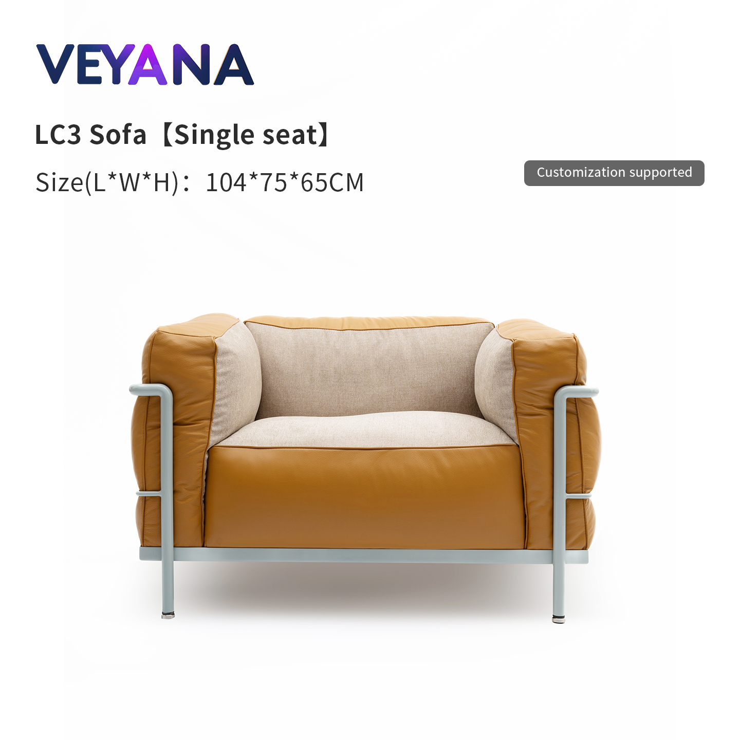 Italian minimalist LC3 leather sofa, stainless steel frame, Bauhaus retro style high-end office living room three seater couch.