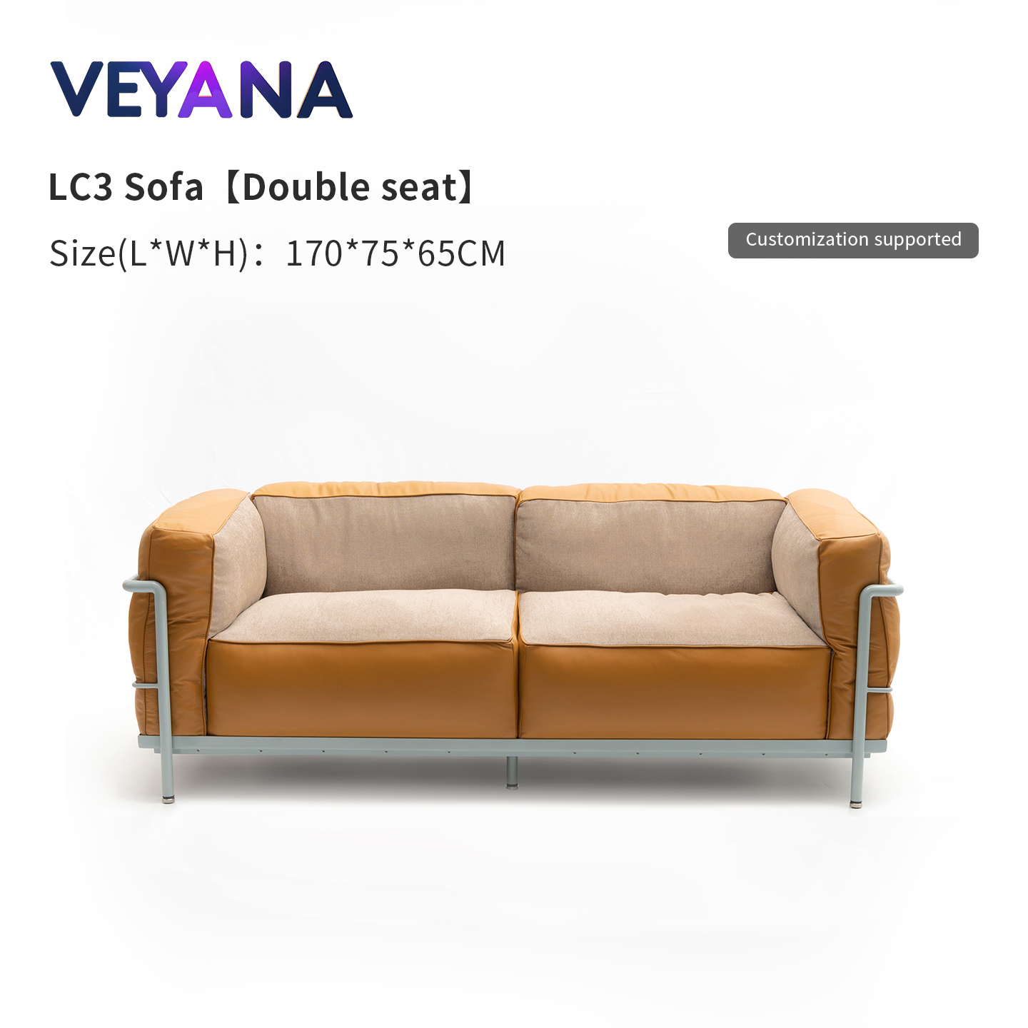 Italian minimalist LC3 leather sofa, stainless steel frame, Bauhaus retro style high-end office living room three seater couch.