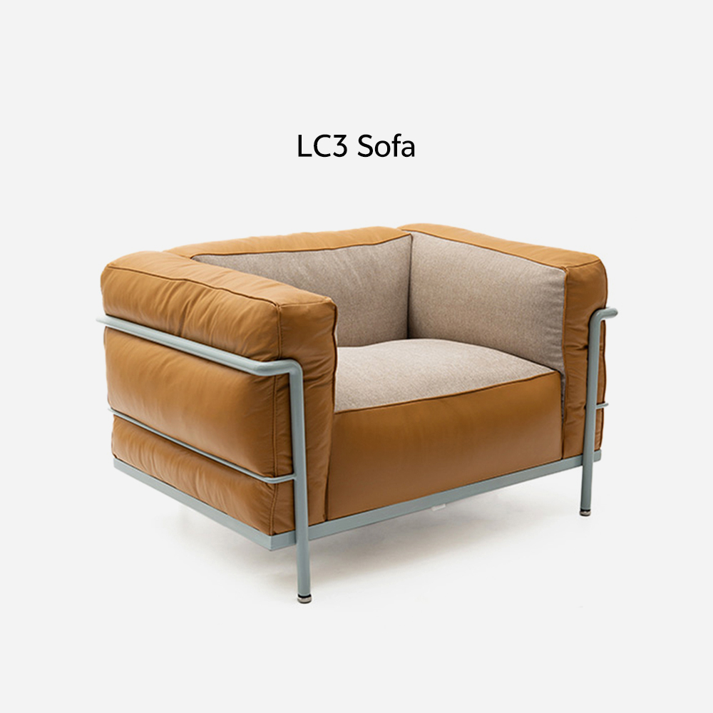 Italian minimalist LC3 leather sofa, stainless steel frame, Bauhaus retro style high-end office living room three seater couch.
