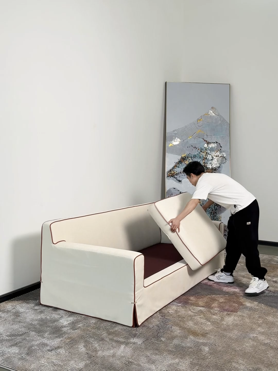 Modern minimalist Herm è s sofa, living room and bedroom light luxury fabric couch, retro style straight row small unit three seater sofa