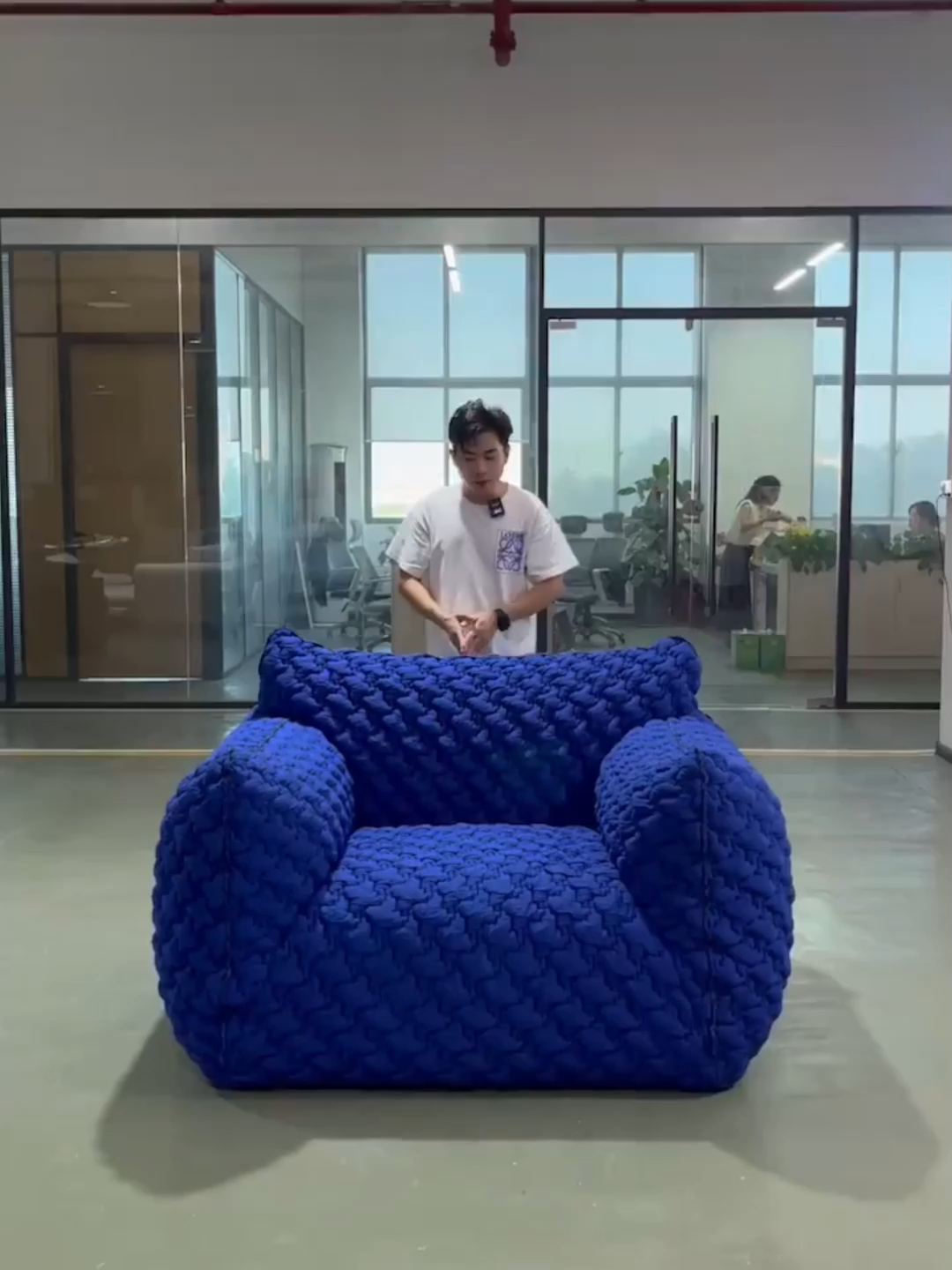 Modern style designer blue fat sofa, fabric single sofa chair, living room bedroom casual fabric straight couch