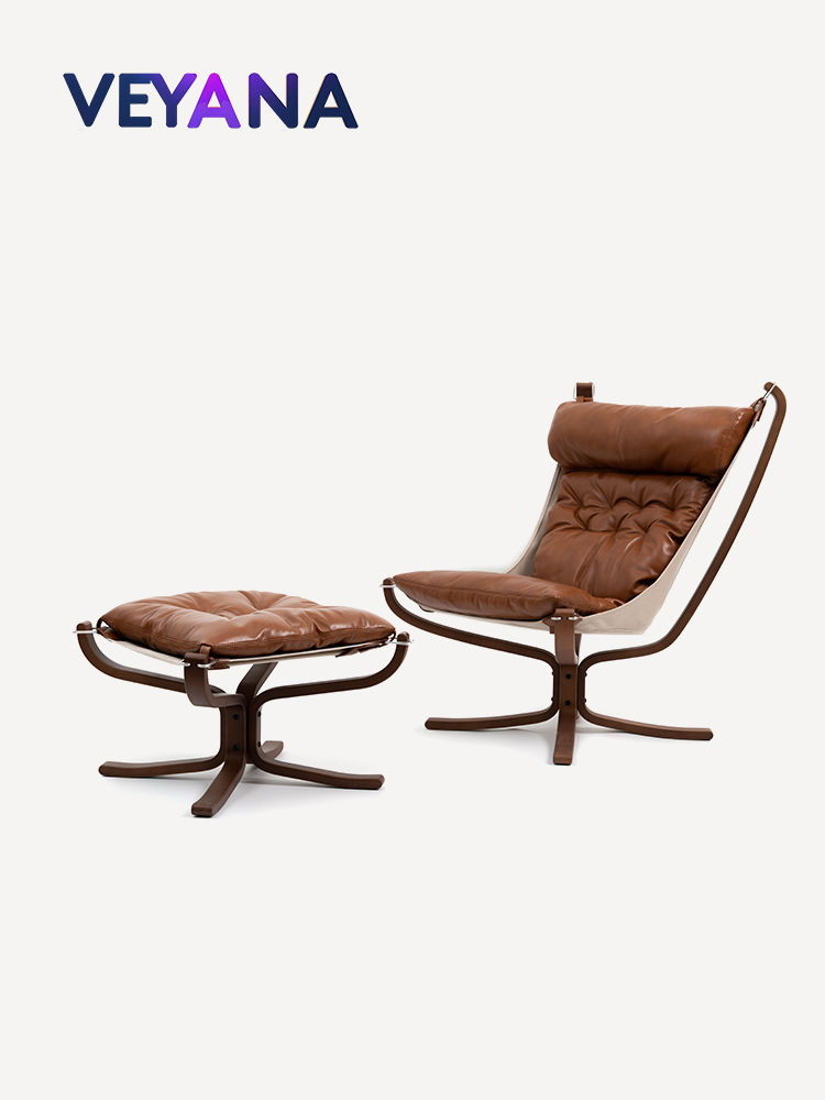 Italian minimalist falcon chair, genuine leather solid wood single recliner, retro style balcony armless leisure chair, stainless steel sofa single chair.