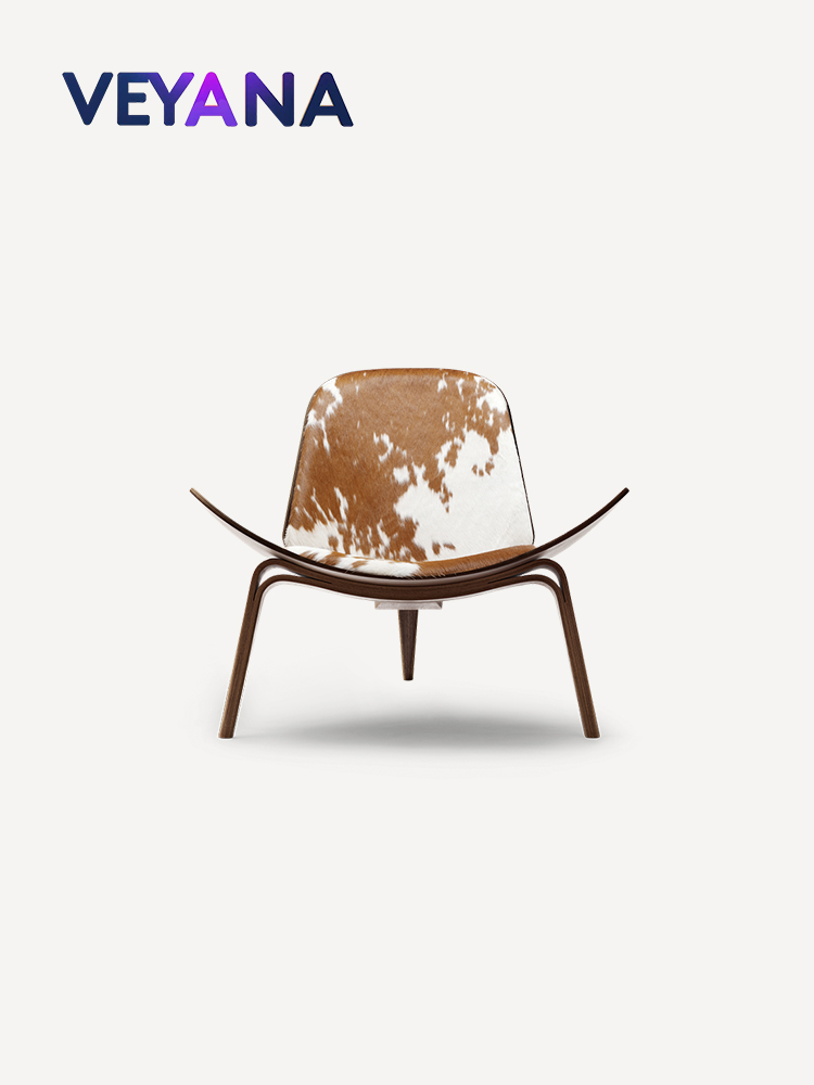 Modern Nordic style Shell Chair sofa chair, creatively designed living room solid wood leisure chair, cow fur leather single seat sofa chair.