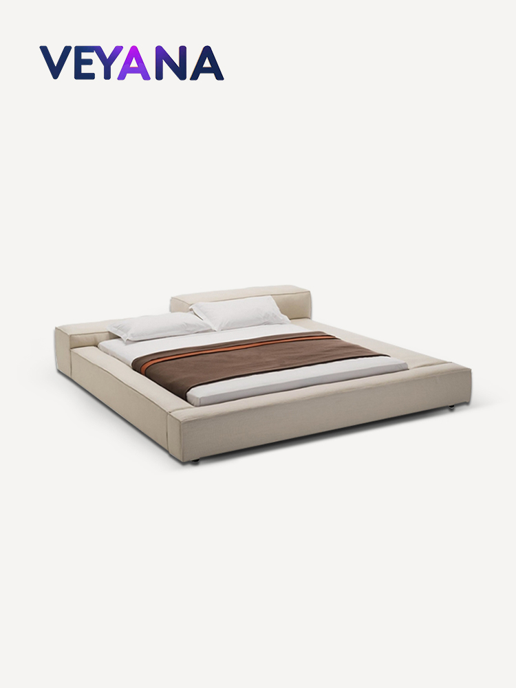 Italian minimalist Extrasoft bed, floor to ceiling full leather bed, tatami high and low headboard, tofu block fabric double bed, bedroom, hotel, apartment tatami bed