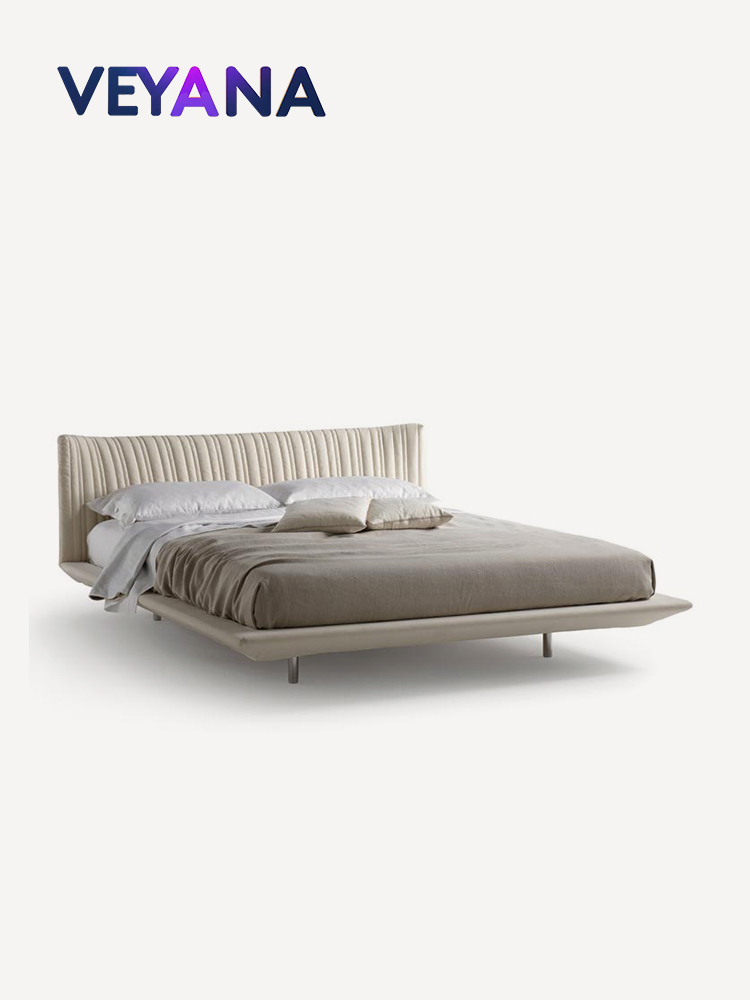 Italian minimalist designer Shellon bed, floor/suspended leather bed, high-end cream style fabric double bed, soft bed for bedrooms, hotels, and apartments.