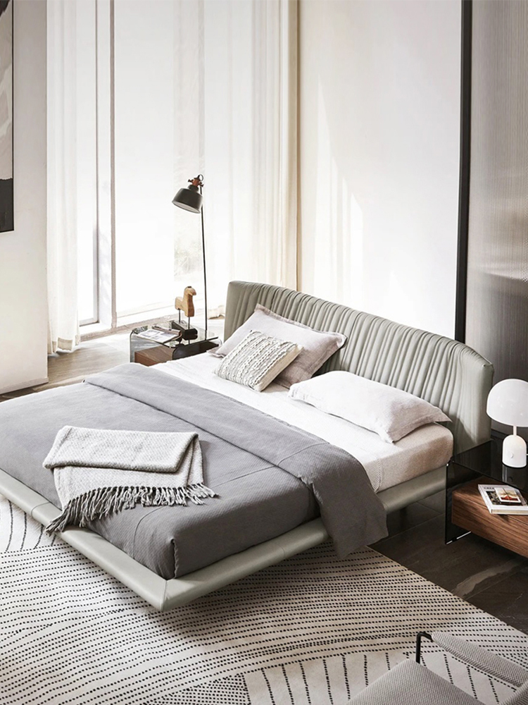 Italian minimalist designer Shellon bed, floor/suspended leather bed, high-end cream style fabric double bed, soft bed for bedrooms, hotels, and apartments.