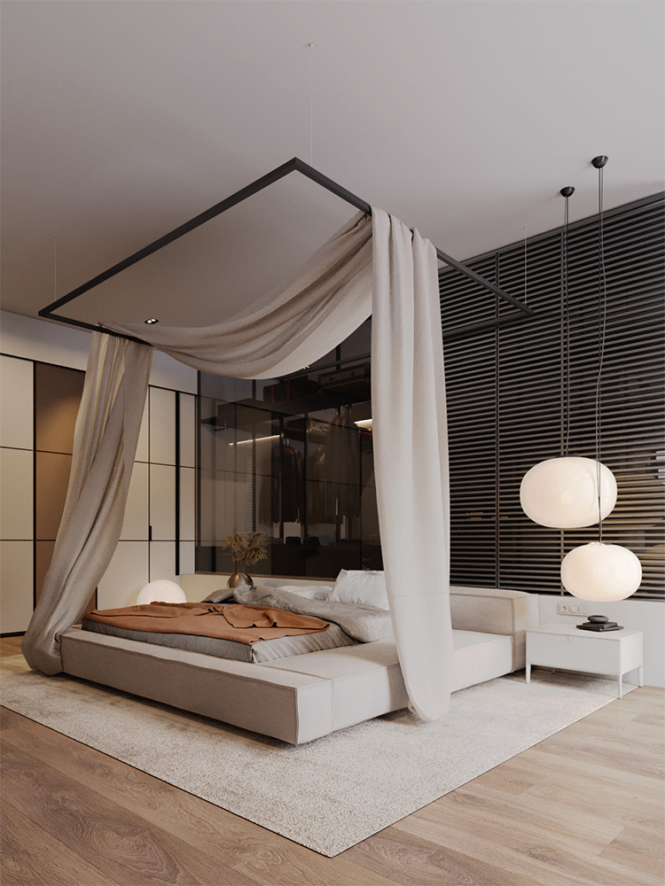 Italian minimalist Extrasoft bed, floor to ceiling full leather bed, tatami high and low headboard, tofu block fabric double bed, bedroom, hotel, apartment tatami bed