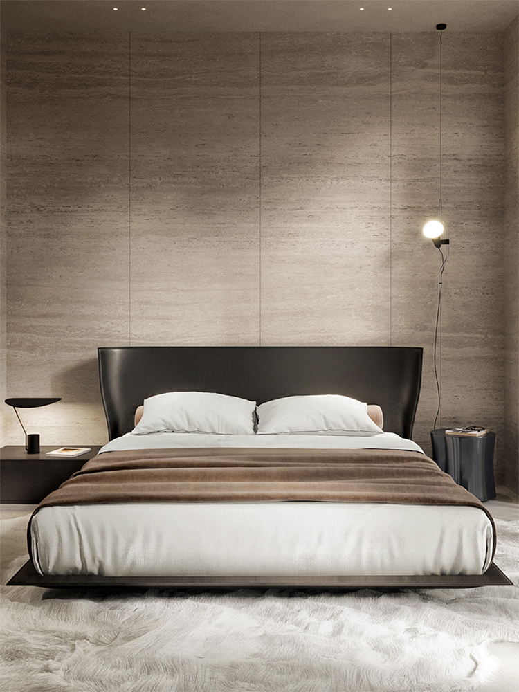 Italian minimalist Alys bed, saddle leather ultra-thin bedside suspended bed frame, high-end villa bedroom, hotel, apartment double bed.