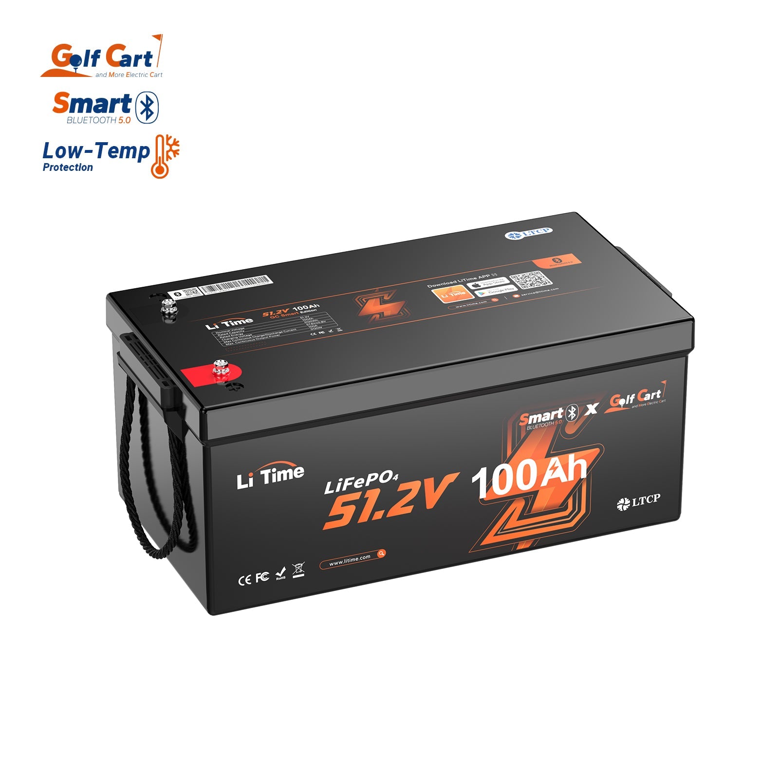 LiTime 48V (51.2V) 100Ah Golf Cart Bluetooth Lithium Battery with Low-Temp Protection