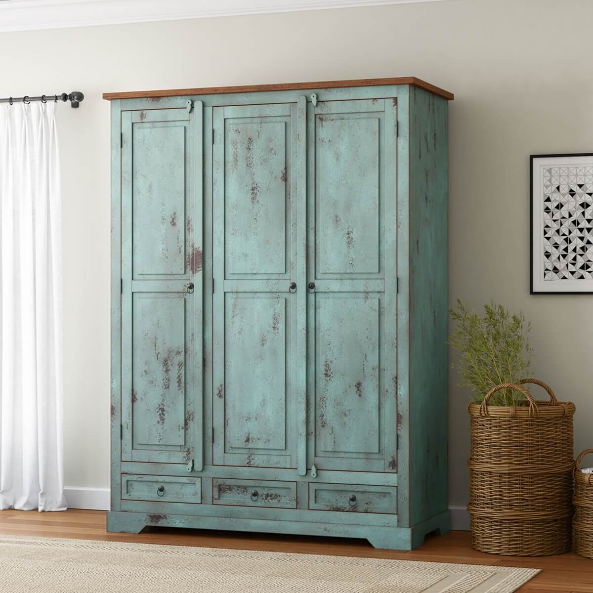 2023 HOT SALE Two Tone Solid Wood Armoire Wardrobe with Hanging Rod & Shelves