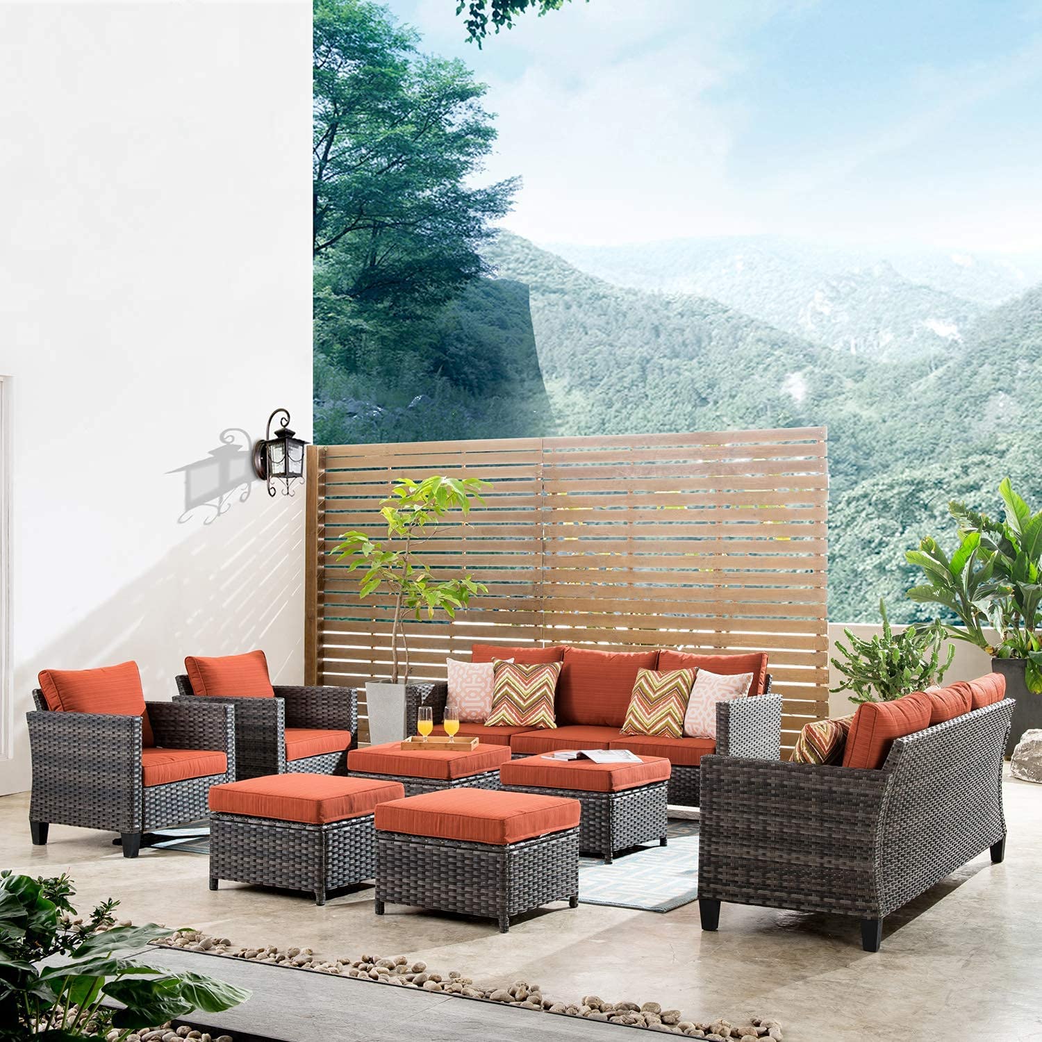 Patio Furniture 8 PCS Hight Back Outdoor Furniture Sets Modern Wicker Patio Furniture Conversation Sets with 4 Pillows All Weather Garden Patio Sofa