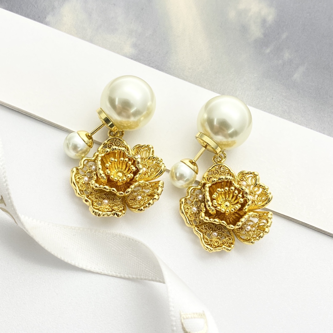 CD Double - ball pearl gold - colored peony flower earrings  YV24060114