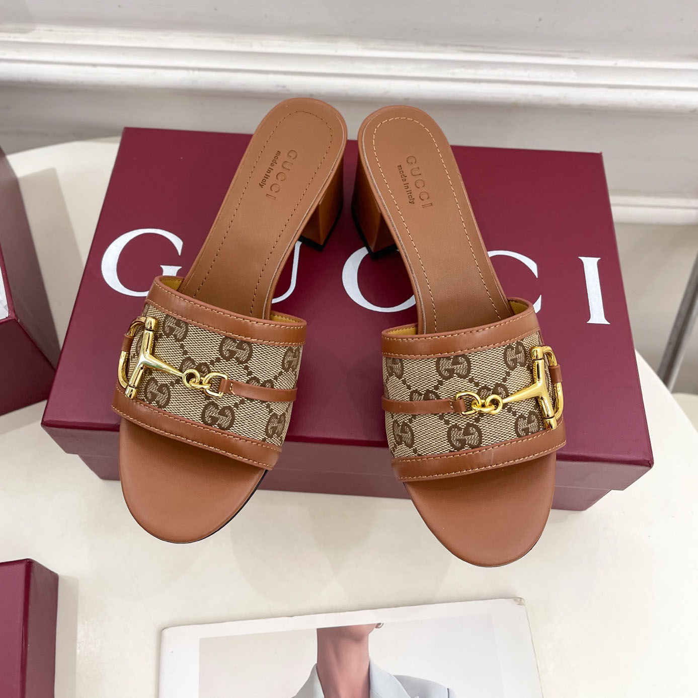 GG Classic D-Horsebit Chunky Heel Slides GDJ250417