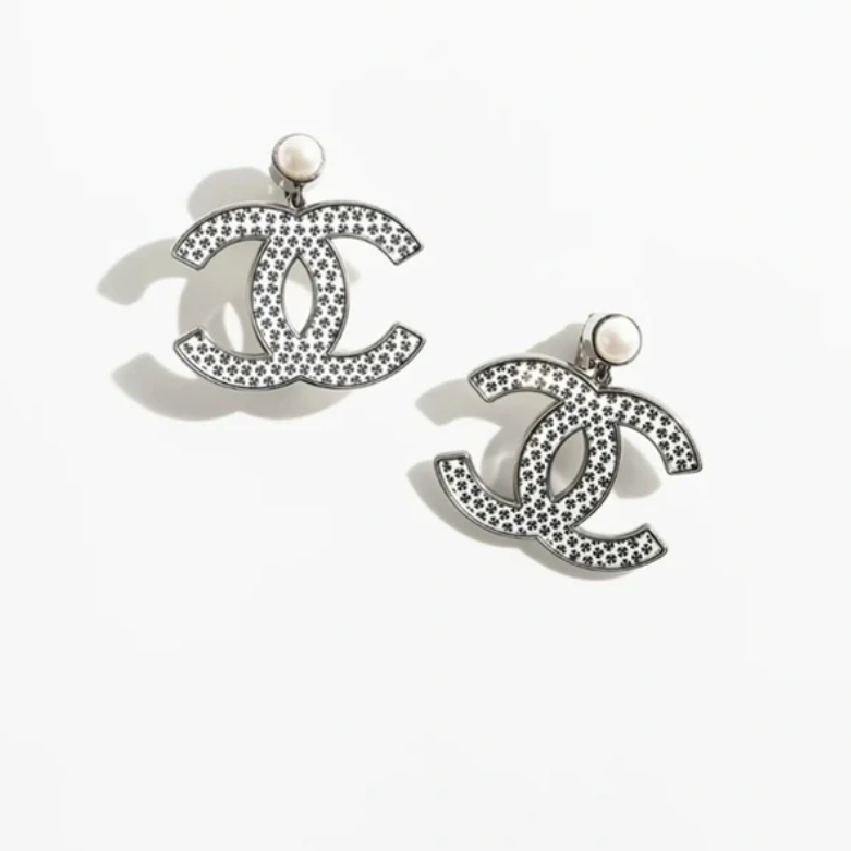 CH  Silver and black double C painted snowflake earrings YV24060125