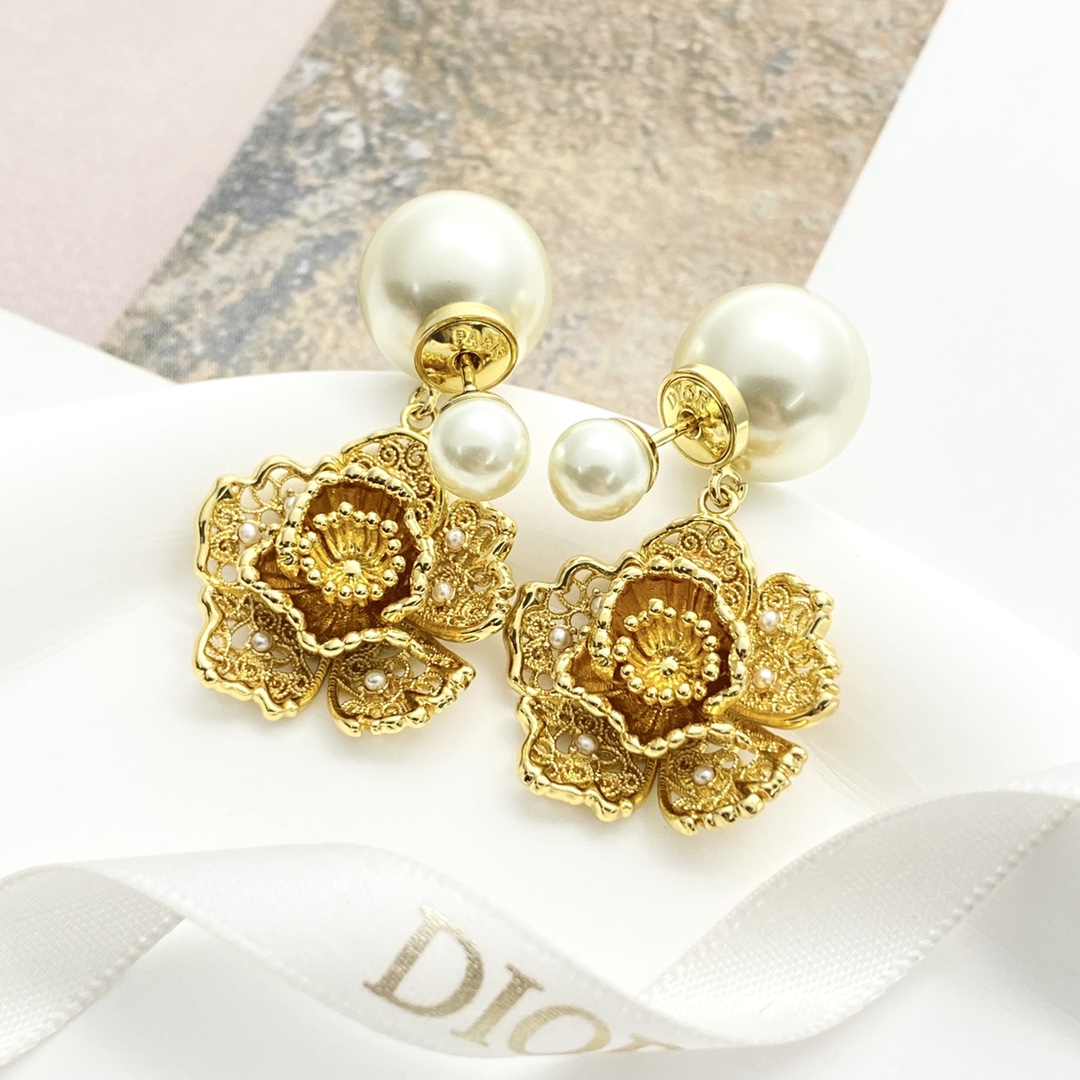 CD Double - ball pearl gold - colored peony flower earrings  YV24060114