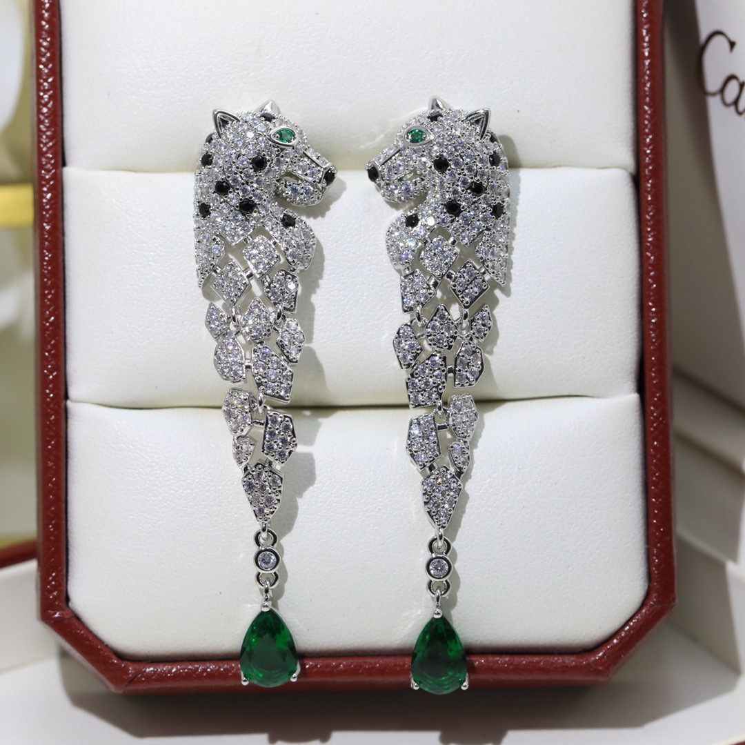 Car  Long tassel leopard - pattern baked - enamel and diamond - inlaid earrings YV24060224