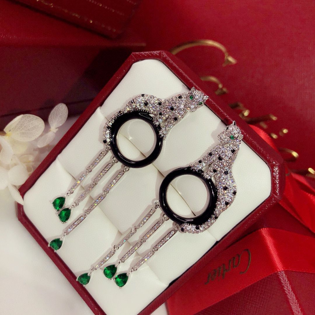 Car  Tassel long leopard-patterned painted and diamond-embedded earrings YV24060223