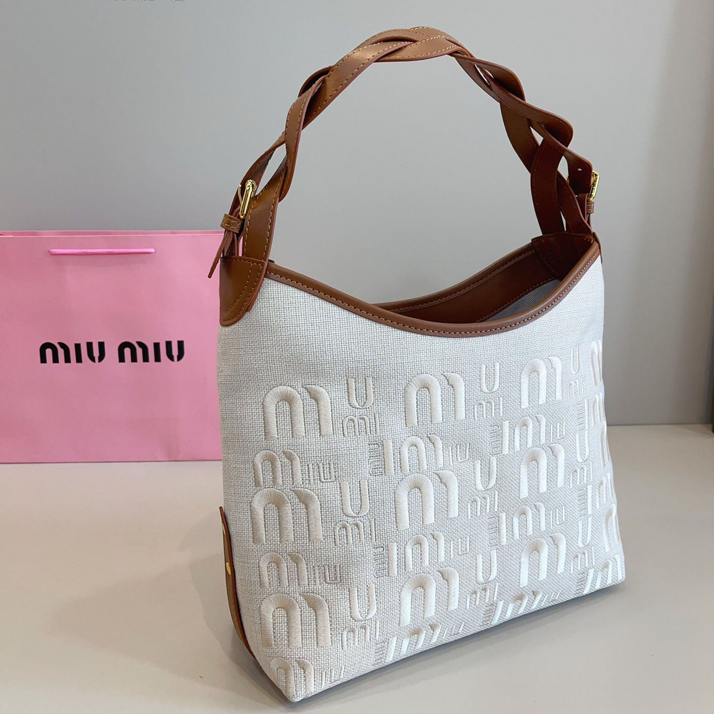 MIU Embroidered Canvas Tote WXR250434