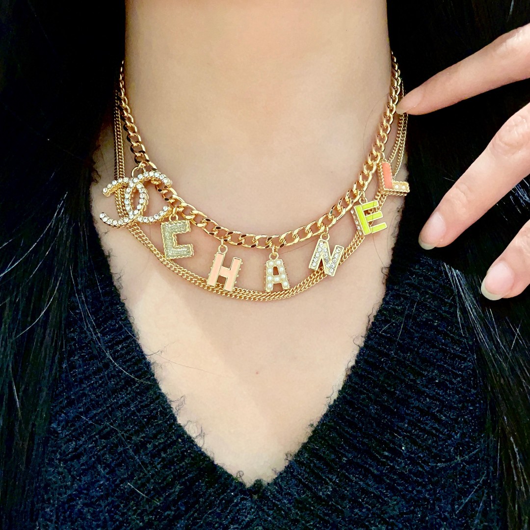 CH  Alphabet Element Double-Layer Metal Chain Necklace YV24060215