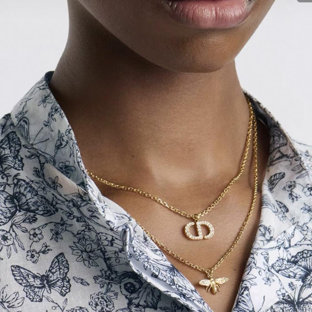 CD  Gold Double Chain with Crystal CD Bee Pendant Necklace YV24060203