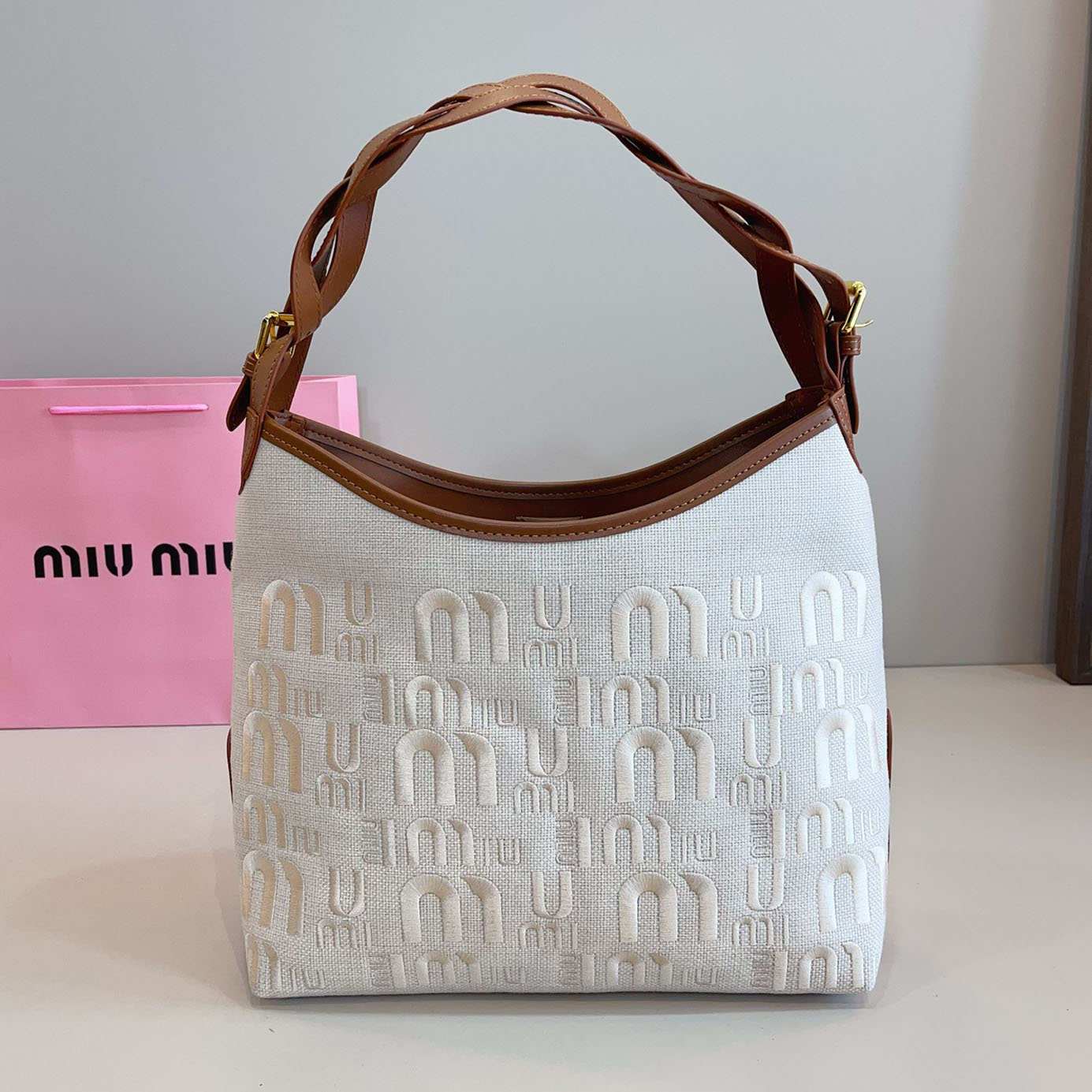 MIU Embroidered Canvas Tote WXR250434