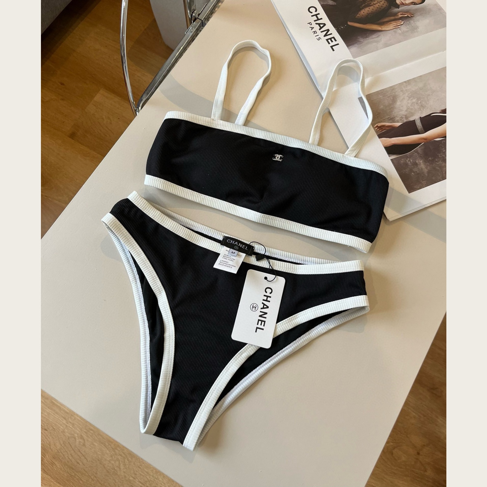 CH Black - and - white Color - blocked Knitted Bikini Swimsuit  YV24060405