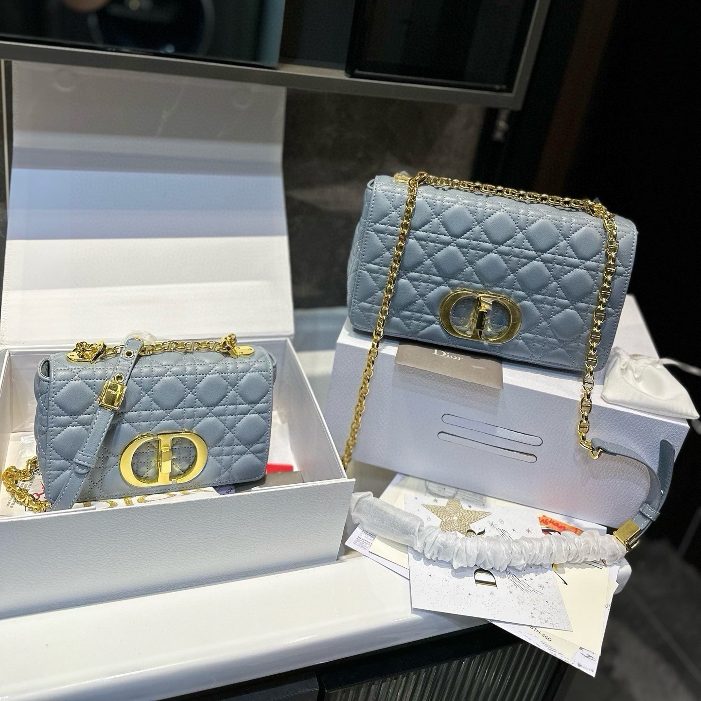 CD Caro series Checked chain Bag YV24061113