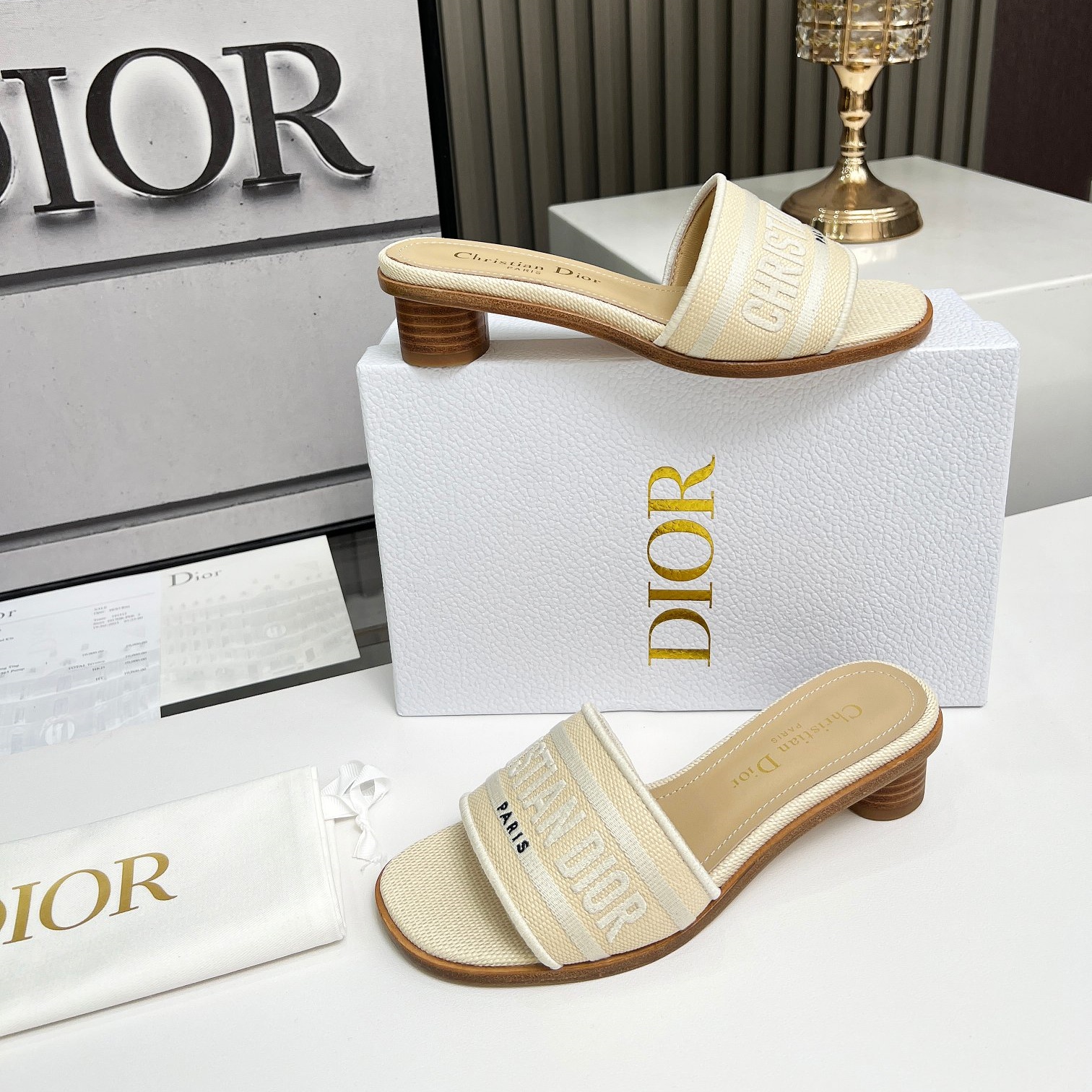 CD Raffia and Embroidered Cotton Heeled Slide YV24061423