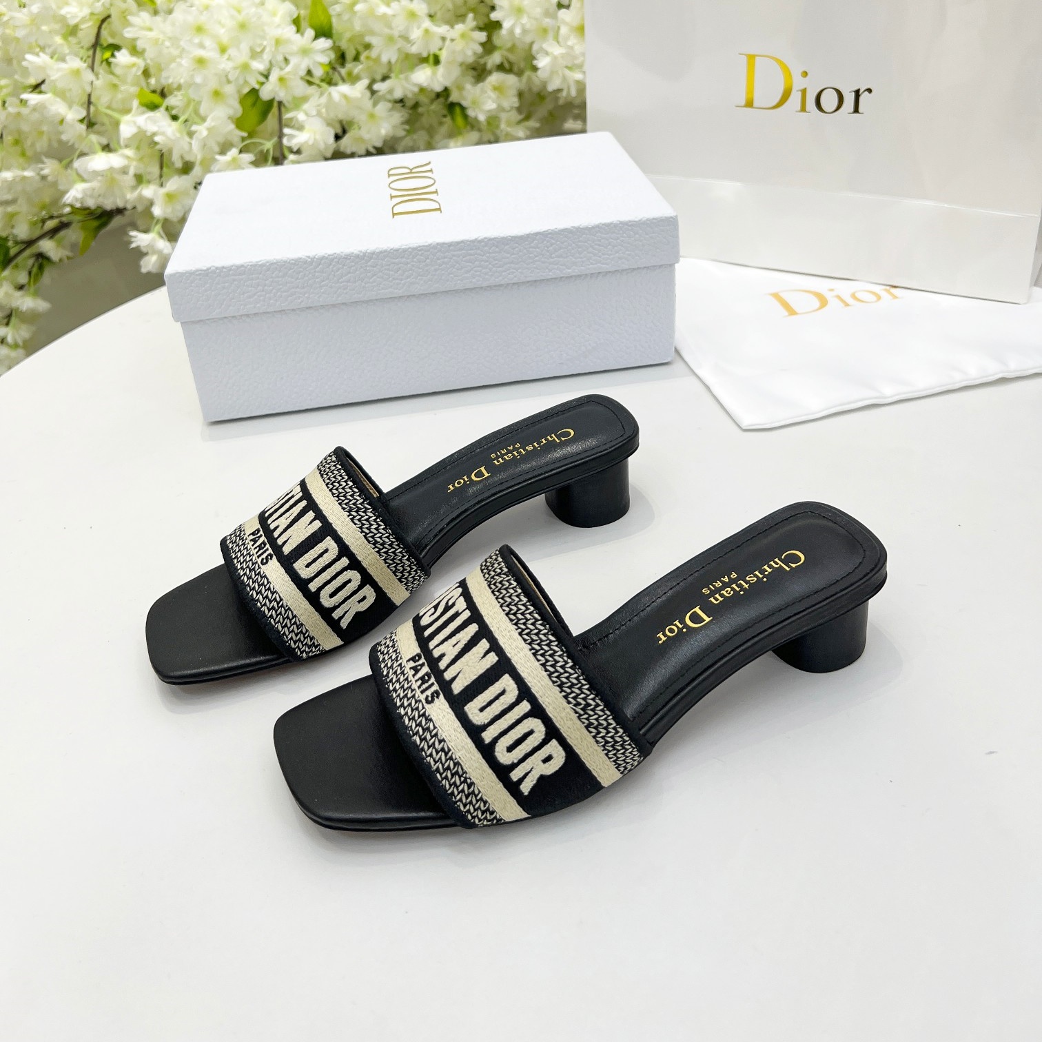 CD Embroidered Cotton Heeled Slide YV24061425