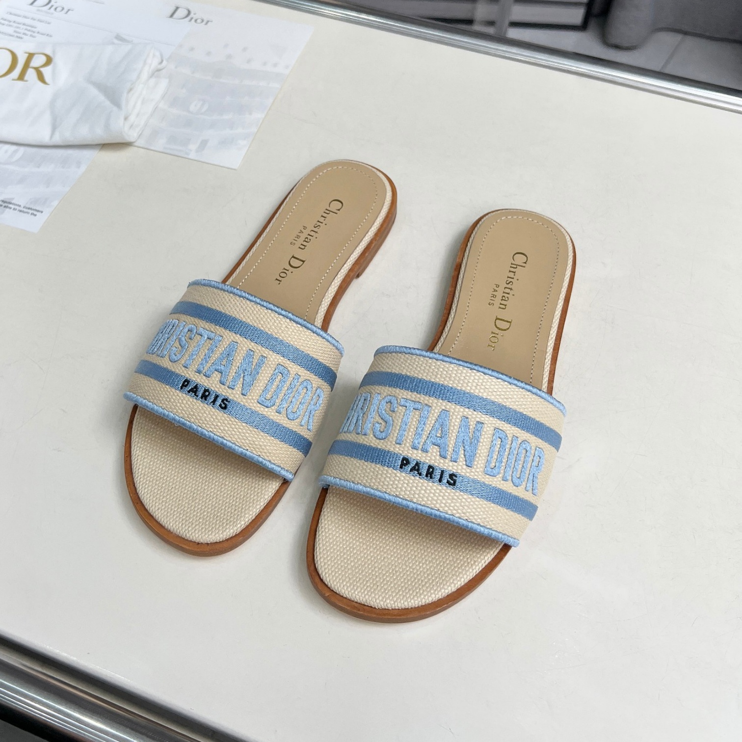 CD Raffia and Embroidered Cotton Slide YV24061427