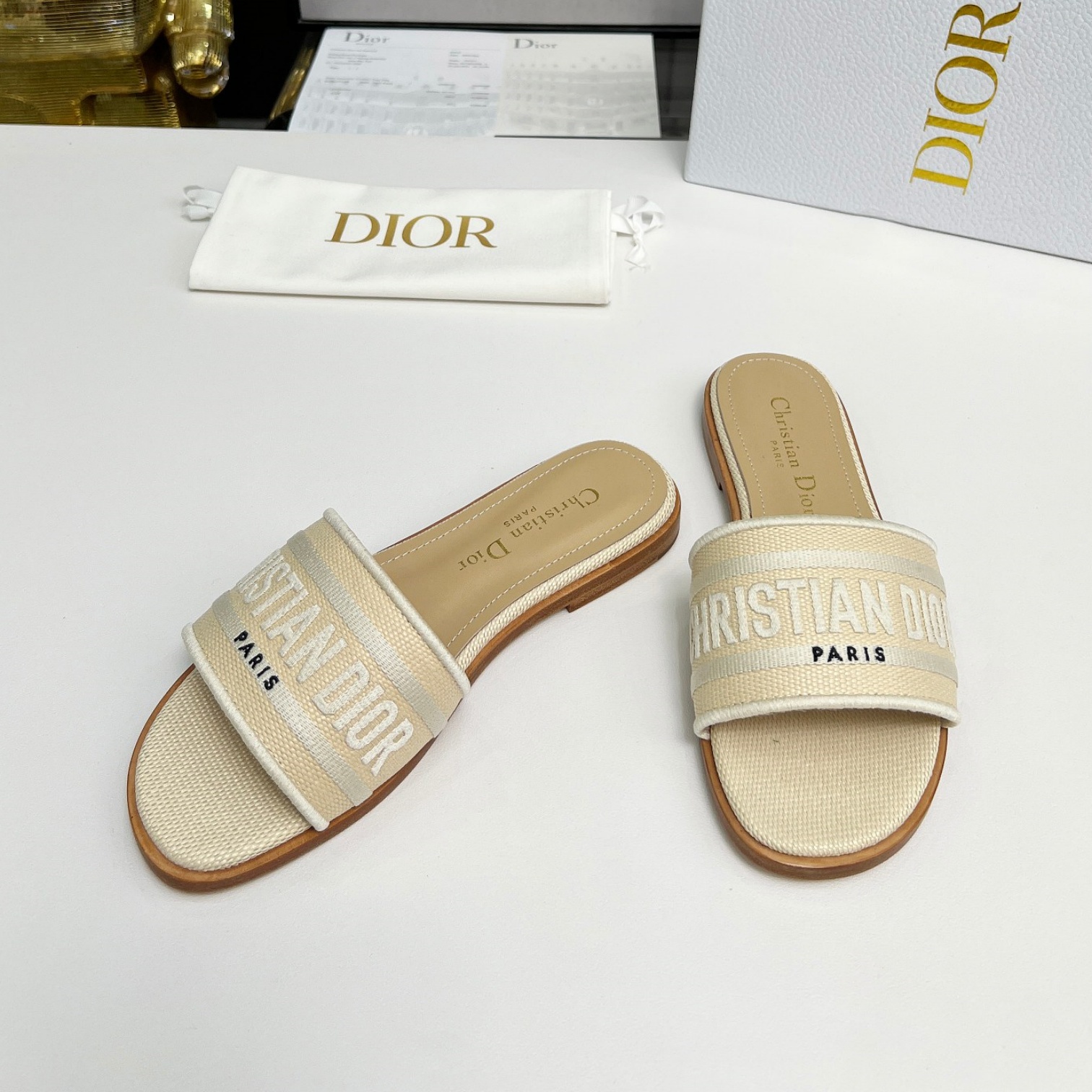 CD Raffia and Embroidered Cotton Slide YV24061422