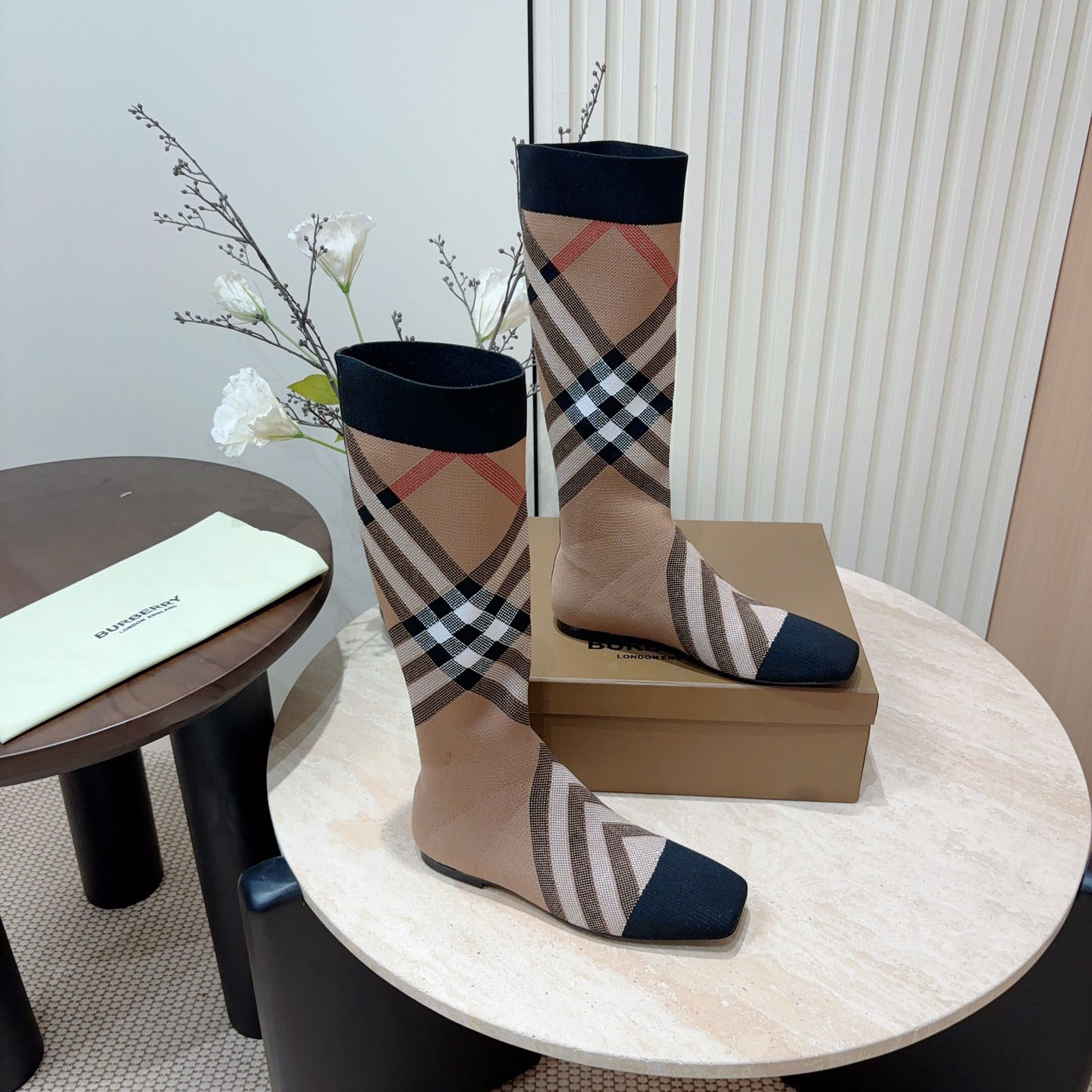 Bur Square-Toe Flat Checkered Stretch Knit Long Sock Boots Ev25061185