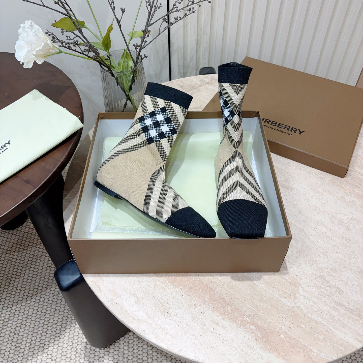 Bur Square-Toe Flat Checkered Stretch Knit Sock Boots Ev25061184