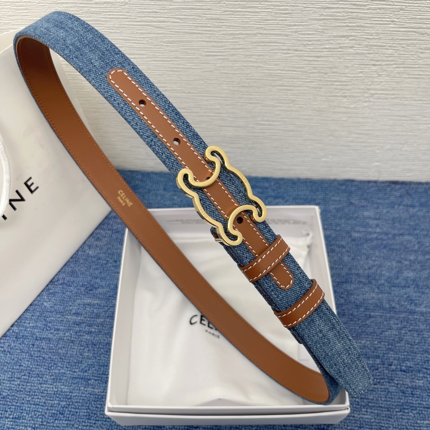 CE Calfskin paired with Oxford cloth Hollowed - out Logo buckle Belt  YV24071216