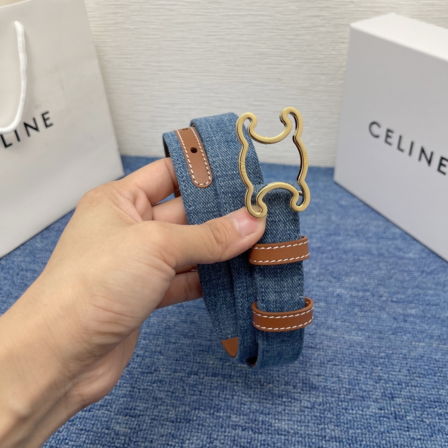 CE Calfskin paired with Oxford cloth Hollowed - out Logo buckle Belt  YV24071216