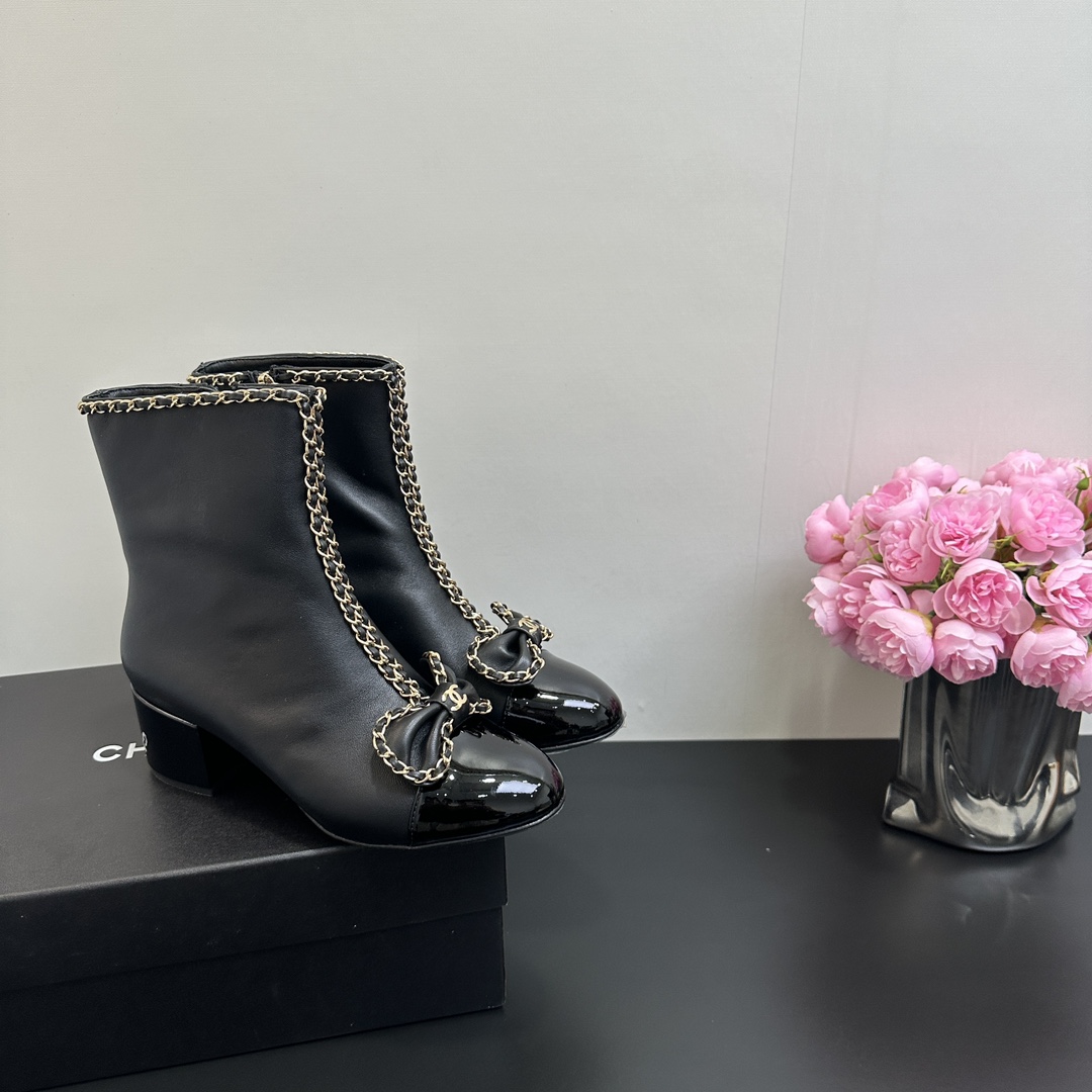 CH Chain Bow Chunky Heel Ankle Boots BB25072325