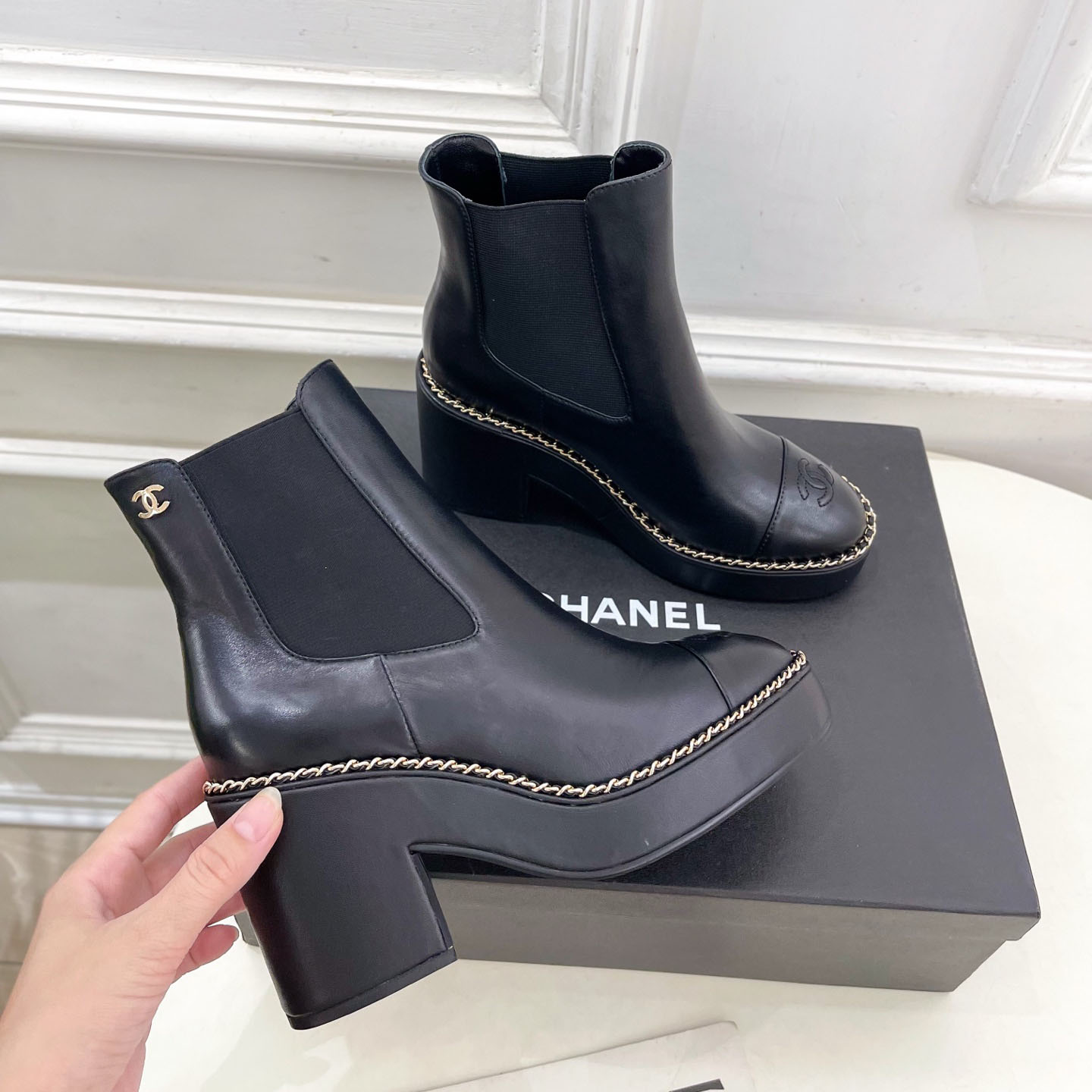 CH Color-Block Chain Chelsea Chunky Heel Ankle Boots BB25072326