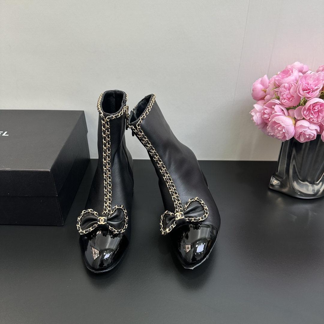 CH Chain Bow Chunky Heel Ankle Boots BB25072325