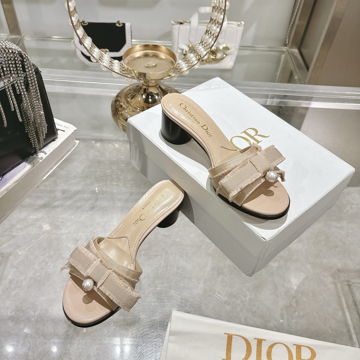 CD Celebrity-Style Tassel Bow Pearl Block Heel Sandals YV24072610
