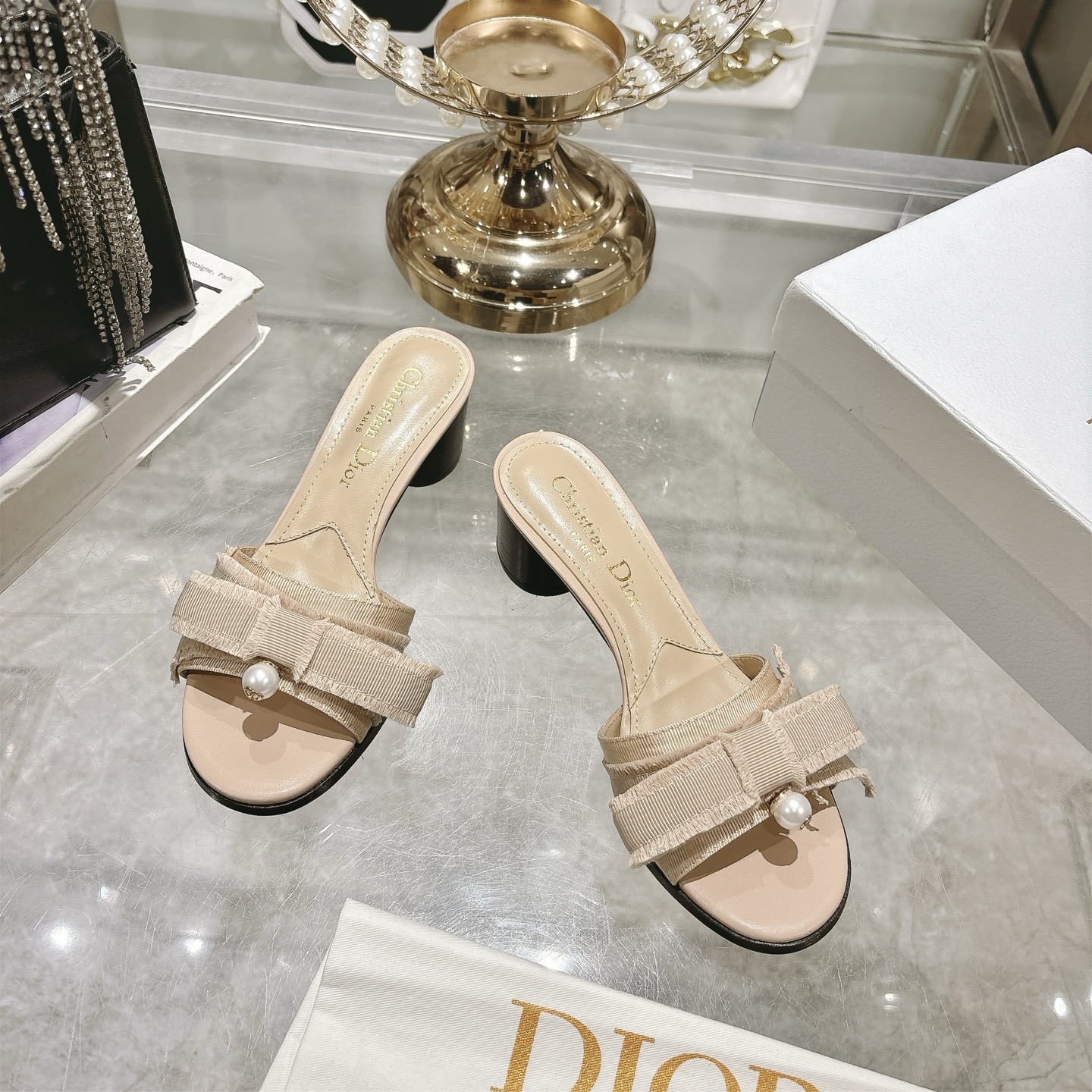 CD Celebrity-Style Tassel Bow Pearl Block Heel Sandals YV24072610
