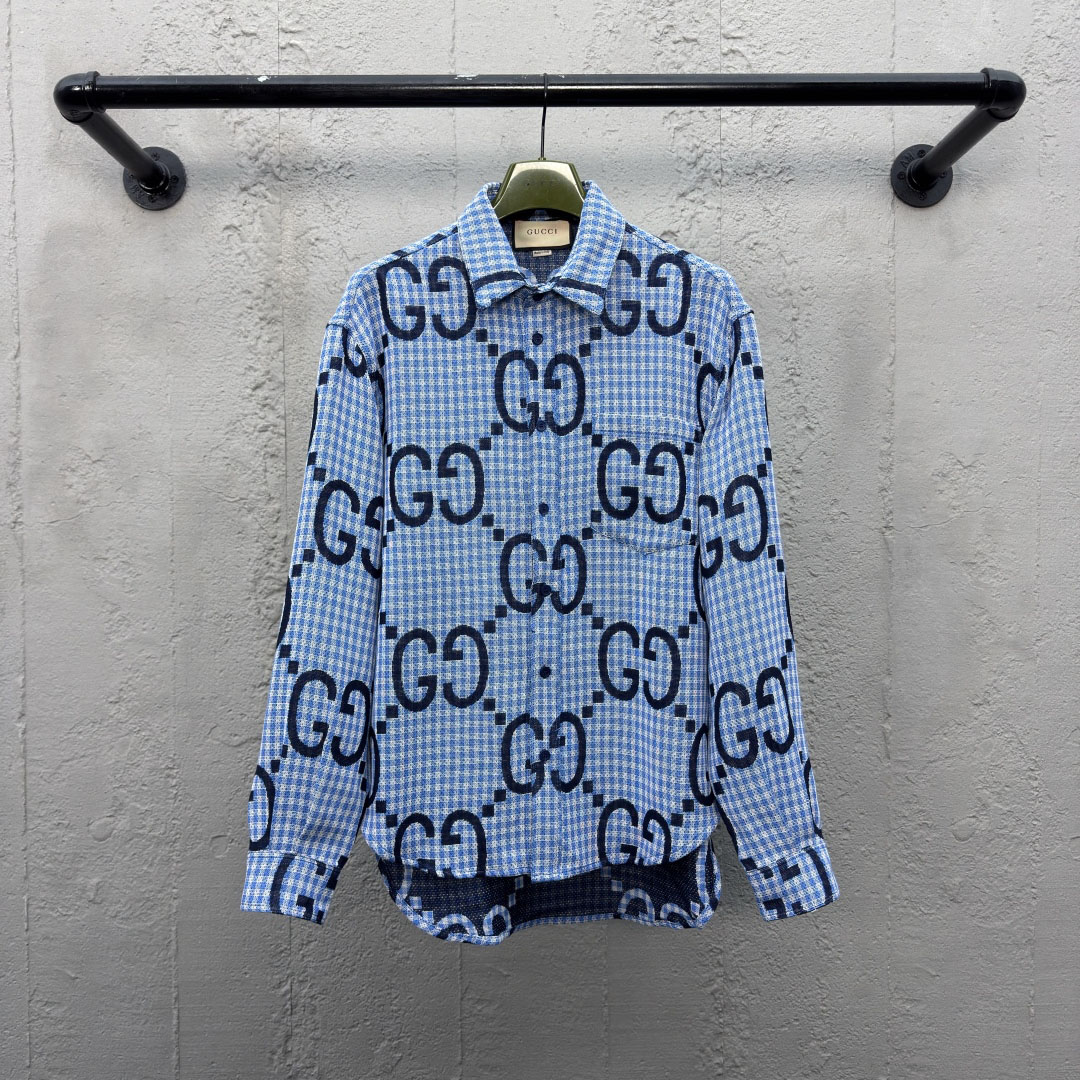 GG Blue Fine Check Long-Sleeve Shirt DD25072906